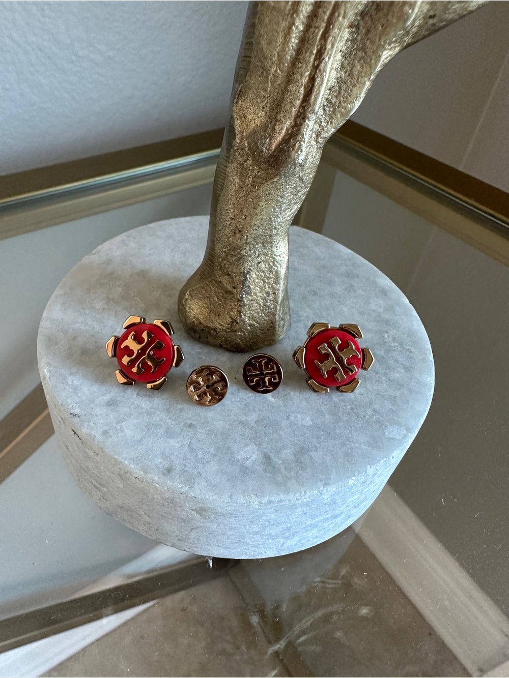 Tory Burch Red and Gold Logo Stud Earrings